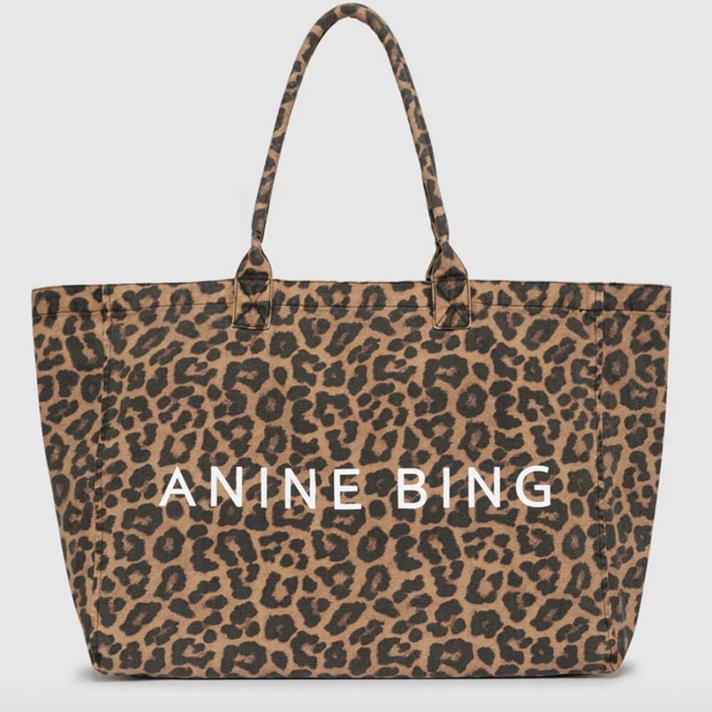 ANINE BING LEO CANVAS TOTE - Black and Brown Leopard